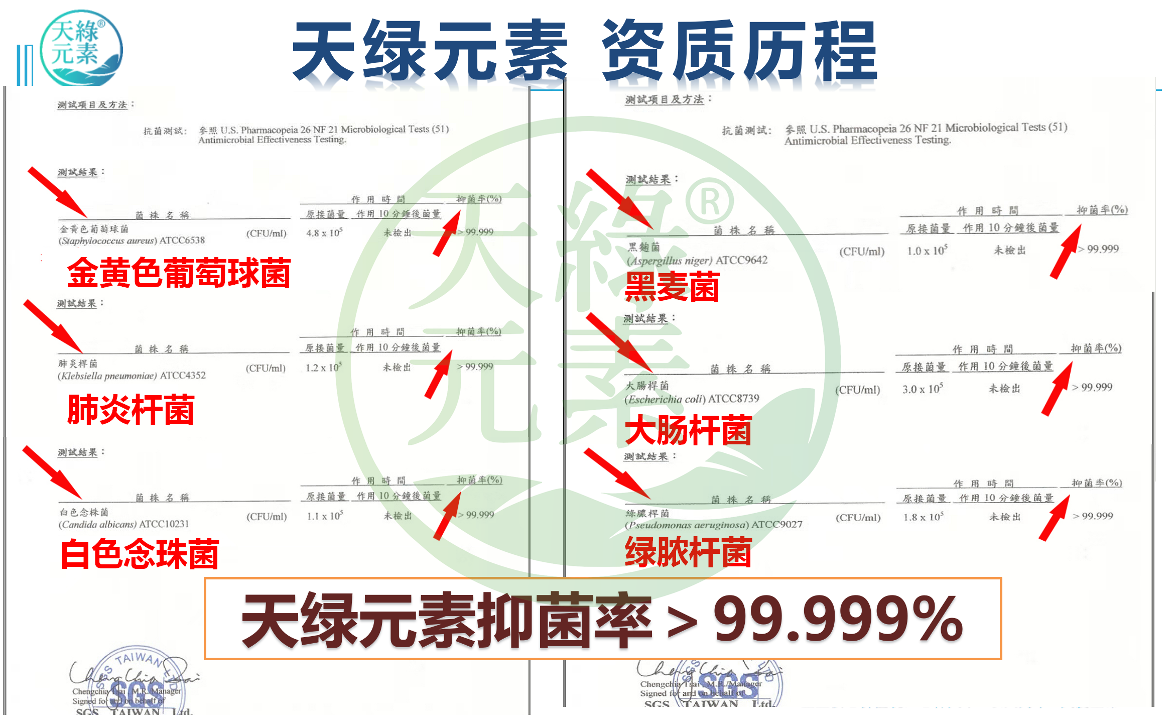 【天綠元素】SGS抑菌率檢測報告